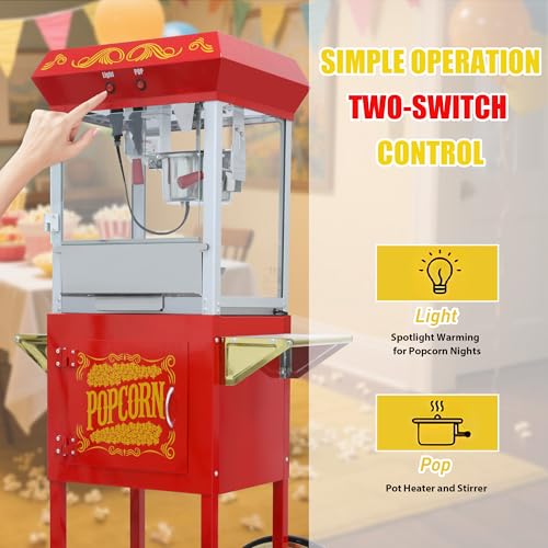 Image of 8 Oz Popcorn Machine Cart, 650 W, Popcorn Maker Machine with Stainless-Steel Kettle, Movie Theater Popcorn Machine with Steel Frame Tempered Glass Doors & Heated Warming Deck, Red