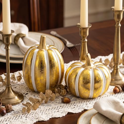 Image of FESTGLOX 2Pcs Resin Pumpkin Figurines, Fall Thanksgiving Decor