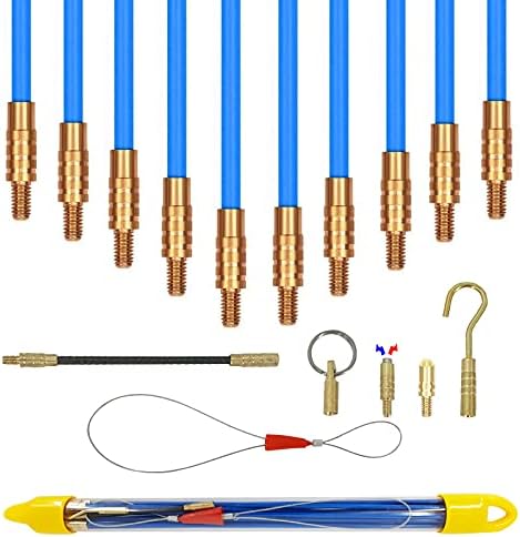 VGongTech 11ft Multi-function Fiberglass Duct Rodder Wire and Cable Pulling Kit Electrical Fish Tape Cable Puller Cable Rods With Hook And Hole In Tube Blue