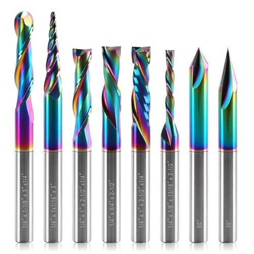 BFVV 8 PCS DLC Coated CNC Router Bits Set 1/4 Inch Shank Multiple Uses Solid Carbide End Mills for Woodworking Ideal for Detail Carving Trimming V-Groove Engraving Slotting & Mortising