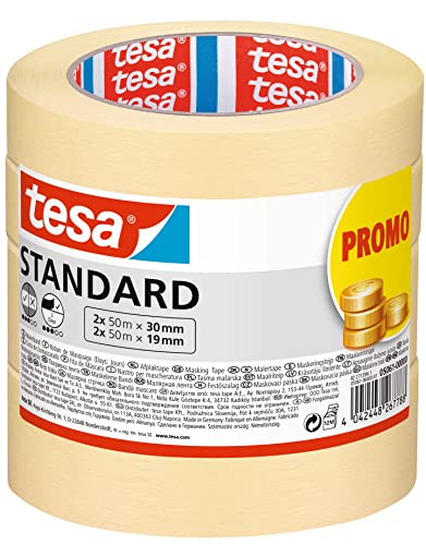 tesa Ruban de Masquage Standard - Lot de 4 - Adhésif Forte Adhérence pour le Masquage pendant les Travaux de Peinture - Sans Solvant - 2 x 50m x 19mm+ 2x 50m...