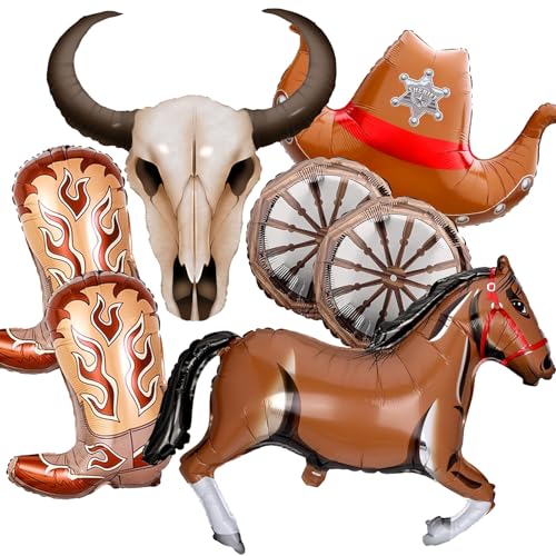 Image of Western Cowboy Balloon Set -Cowboy Party Decorations with Longhorn Cow Steer, Horse, Cowboy Hat, Cowboy Boots & Wagon Wheel Balloons for Rodeo Theme Birthday, Wild West Party Supplies 6pcs
