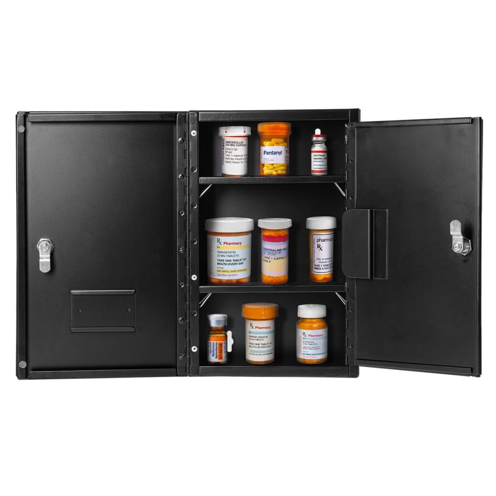 Vivacomfort Large Black Double Door Narcotics Cabinet, Locking Medicine Cabinet, 24” H x 16” W x 8” D