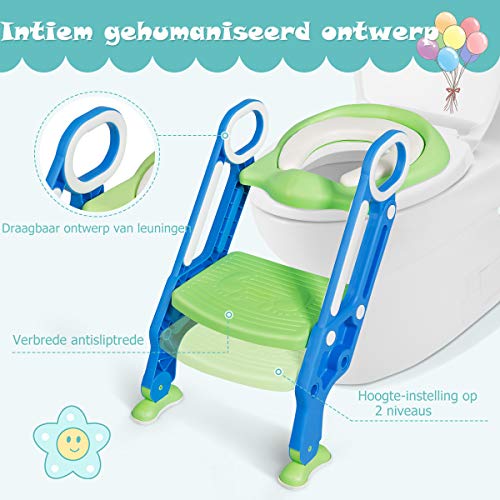 COSTWAY Zindelijkheidstraining wc-bril, met opstapje ladder, verstelbare opvouwbare peuter toilet training stoel stoel… - Afbeelding 8