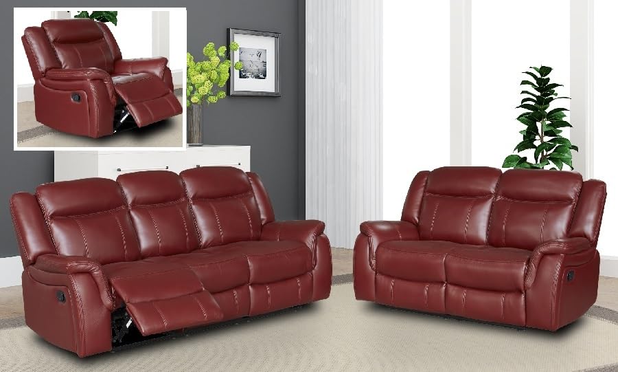 Burgundy Red High Grade Leather Gel Reclining 3 Seater Sofa + 2 Seater Recliner + Armchair Sofa Suite CLIFTON (3+2+1)