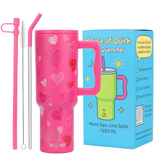 House of Quirk 1200ML Stainless Steel Tumbler with Handle & Lid, 2 Straws – Large Travel Mug Water Cup for Gym, Office & Outdoor Use (Rose Heart)