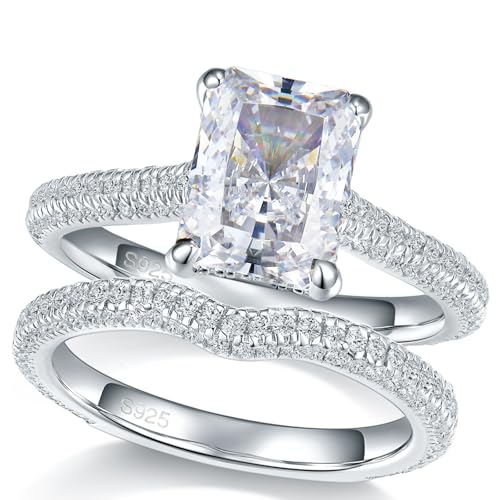 Bo.Dream Wedding Ring Sets for Women 3ct Radiant Cut Cubic Zirconia Platinum Plated 925 Sterling Silver (Size 5)