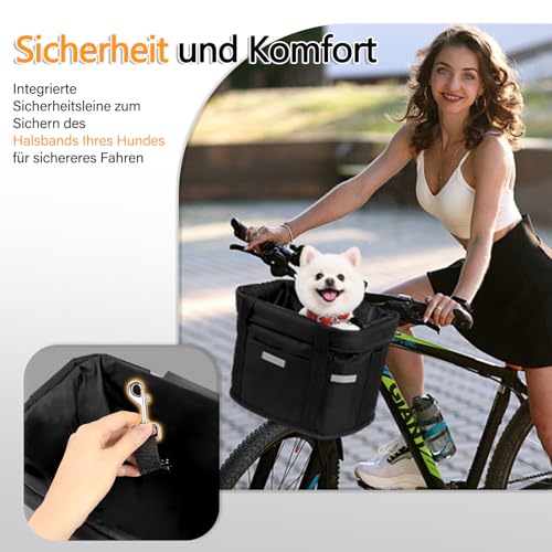 Bibykivn Fahrradkorb Vorne, Faltbar Wasserdicht Fahrrad Lenkerkorb, Abnehmbare Fahrradkorb für Haustiere mit Aluminiumrahmen, für Kleiner Hund, Einkaufen, Reisen (Schwarz Reflektierend)