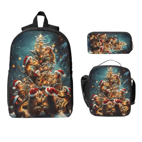 Christmas Monkey Backpacks 3 Pcs Unisex Travel Backpack with Fun Graphic Cartoon Print for Hiking Commuting