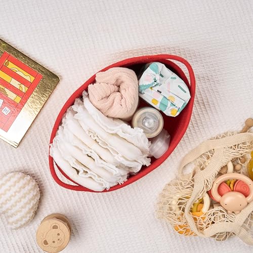 Image of Gift Basket with Wrap Bag and Ribbon, Empty Small Woven Basket for Gift, Cute Decorative Gift Organizer for Baby Showers, Raffle, Valentine's, Easter and Mum - 12 inchx8 inchx5 inch, Red