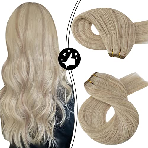 Moresoo Hair Weft Human Hair Bundles Straight Hair Sew in Extensions Blonde Hair Weaves Color #18 Ash Blonde Highlight with #613 Bleach Blonde Weft Bundles 20 Inch Full Head 100g