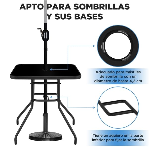Yaheetech Mesa de Jardín Mesa Auxiliar de Cristal y Metálica Mesa de Balcón con Orificio para Sombrilla para Terraza, Jardín o Balcón 70 cm×70 cm Negro | Orificio de Sombrilla 4,2cm, Marco Metal Mate, Tablero de Vidrio Negro Serigrafiado, Capacidad 45kg,