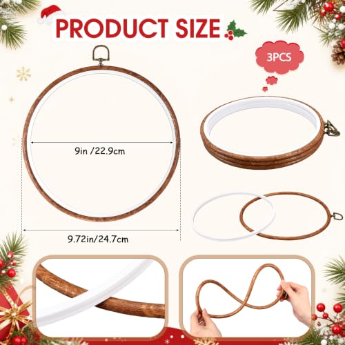 Image of Burbell 3 Pcs 9 Inch Embroidery Hoops Round Wood Frame Cross Stitch