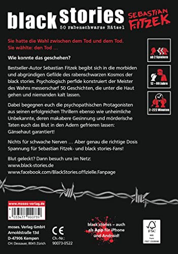 Moses 90073 black stories Sebastian Fitzek Edition – Das Spiel , 50 rabenschwarze Rätsel aus dem Reich des Thriller-Autors , Das Krimi Kartenspiel, 12 bis 99 Jahre