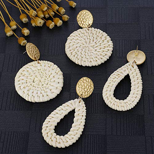 AIDSOTOU Rattan Earrings for Women Lightweight Geometric Statement Earrings Handmade Straw Wicker Braid Teardrop Hoop Drop Dangle Earrings 4 Pairs (Style-4)2