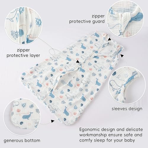 Image of david's kids Muslin Cotton Baby Sleep Sack 0-6 Months, 2 Pack 100% Cotton Sleeping Bag for Summer, TOG 0.5 Baby Wearable Blankets with 2-Way Zipper, Soft Sleep Sacks for Newborn Infant, Whale