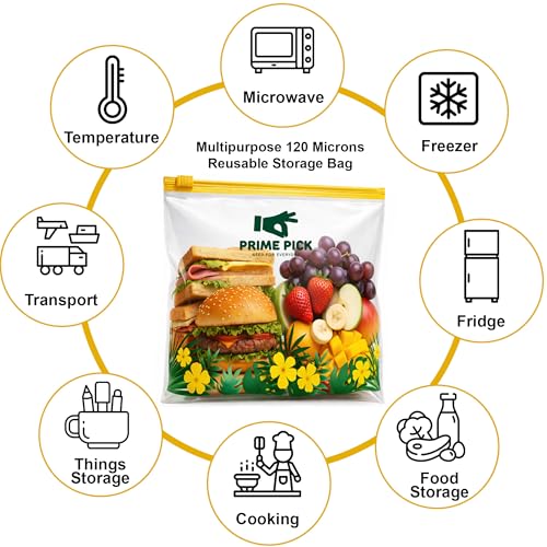 Image of Prime Pick Fresh Lock Zip Storage Bags Reusable Food Storage Zip Lock Bags 120 Micron Leak Proof Double Zipper BPA Free Food Grade Freezer Microwave Safe Yellow Medium Pack of 40
