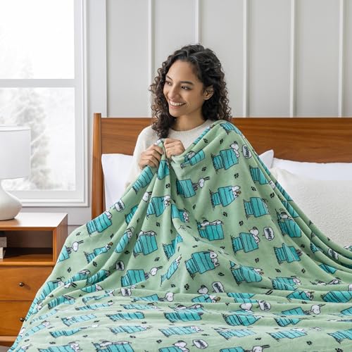 Image of Berkshire Peanuts VelvetLoft Cute Character Snoopy Plush Blanket,Regular Snoopy Dog House Poses & Paws Closed in Sage,Full /Queen 90 in x 90 in (Official Peanuts Product)