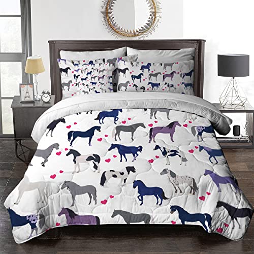 BlessLiving Horse Comforter Set Full Horse Bedding for Girls 8 Piece Animal Bed in A Bag - 1 Comforter, 2 Sham, 1 Flat Sheet, 1 Fitted Sheet, 1 Cushion Cover, 2 Pillowcase (Navy Blue Purple Horse)