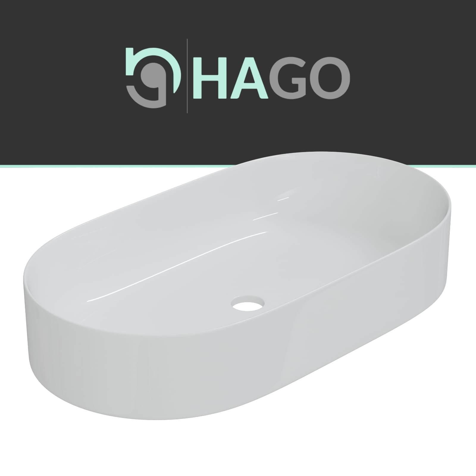 HAGO 24 | Lavabo in ceramica | Ovale 60 x 38 cm | Bianco | Bordo sottile | Lavabo da appoggio | Antigraffio | Superficie liscia | Attacco standard