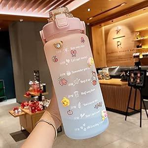 Kawaii Drinkfles met rietje, motiverende waterfles met tijdmarkeringen en kawaii-stickers, schattige waterfles, lekvrije sportfles voor dames, fitness, camping, sport, roze