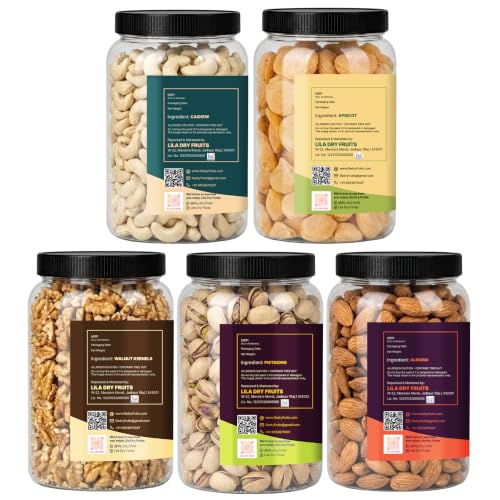 Image of LILA DRY FRUITS Dry Fruits Combo Pack of Almonds, Cashews, Pistachios, Walnuts & Apricots 100 Gms x 5 Mixed Nuts & Dried Fruits for Healthy Snacking Perfect for Gifting