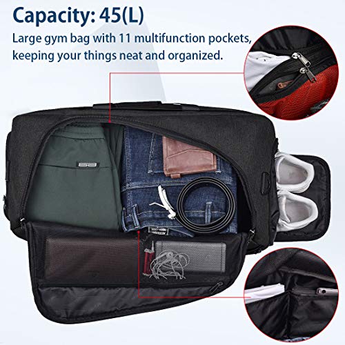Gym Bag Sports Duffle Bag with Shoes Compartment Waterproof Large Travel Duffel Bags Weekender Overnight Bag for Men Women 45L Black