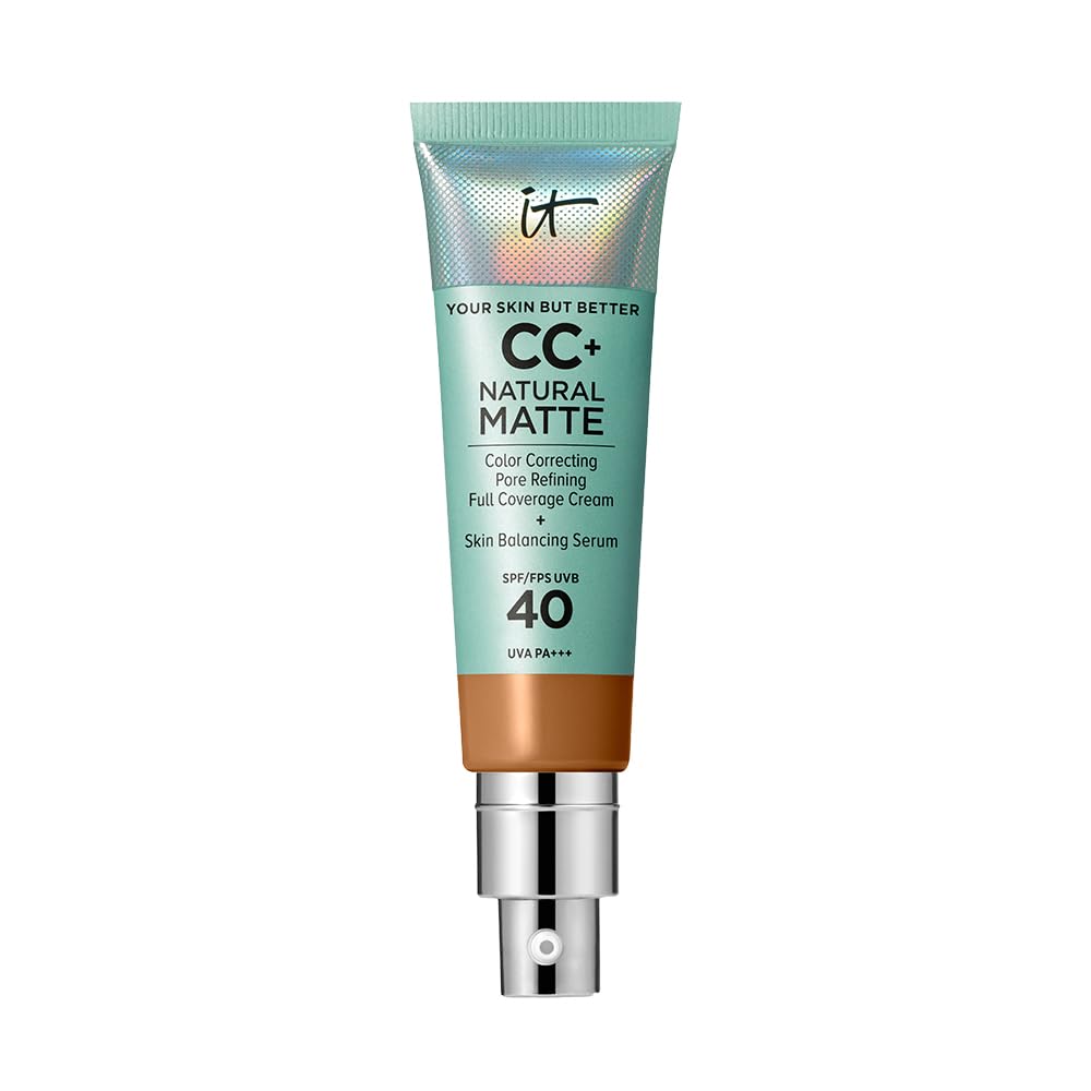 IT Cosmetics Full Coverage Foundation, Natural Matte, Made with Hyaluronic Acid, SPF 40 Protection, Your Skin But Better CC+, Shade: Rich Honey, 32ml
