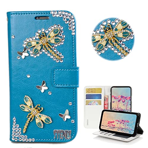 STENES Bling Wallet Phone Case Compatible with LG K52 6.6 inch 2020 Case - Stylish - 3D Handmade Dragonfly Butterfly Design Magnetic Wallet Stand Leather Cover Case - Blue