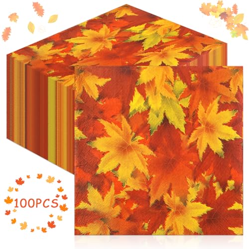 Lets Joy Tovaglioli Autunnali con Foglie, 100 Pezzi Tovaglioli con Struttura Autunnale Delle Foglie, Tovaglioli di Zucca Motivo, Decorazione da Ringraziamento Autunnali Feste Party (A)