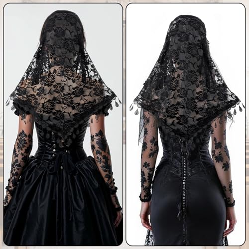 2 Pcs Mass Veil Triangle Mantilla Cathedral Head Covering Chapel Veil Lace Shawl Latin Scarf Latin Mass Head Covering Veils for Wedding Bridal Bridesmaid (Black)3