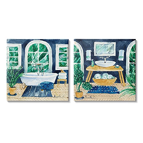 Stupell Industries Bold Blue Bathroom Interior Still Life Sink Bathtub, Marietta Cohen Design Canvas Wall Art, 2Pc, Each 24 X 24 #TOP7