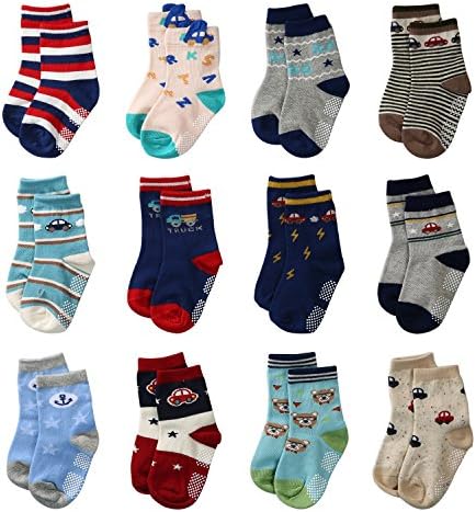 La Volupte Baby Boy’s Ankle Cotton Socks Toddler Non Skid Socks with Grip 12 Pairs