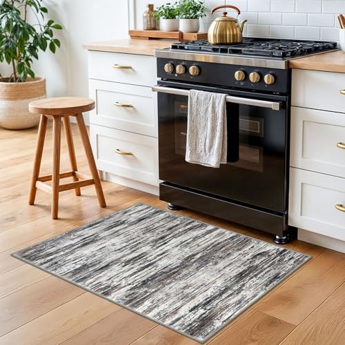 2x3 Grey Brown Modern Abstract Rug for Entryway, Super Soft Small Area Rug, Washable Non-Slip Kitchen Rugs, Low-Pile Mat for Kitchen, Bedside, Indoor Door Mat