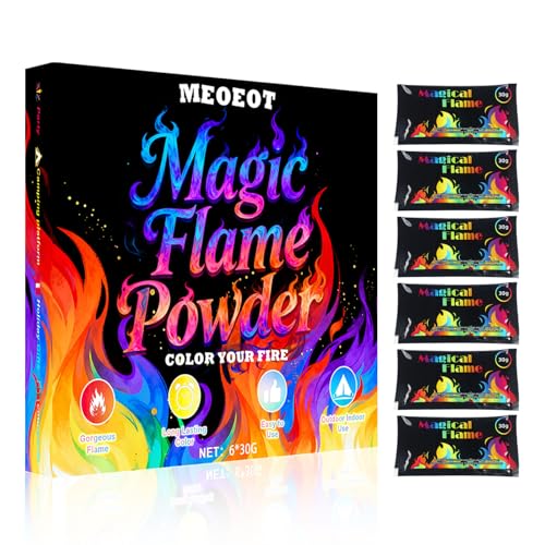 Meoeot Magisches Feuerpulver, Buntes Feuerpulver, Bunte Farbwechsel Feuerfarben Set, Feuerfarbenwechselpulver, Magisches Feuerpulver für Lagerfeuer, Partys, Halloween und Weihnachten, 30g x 6