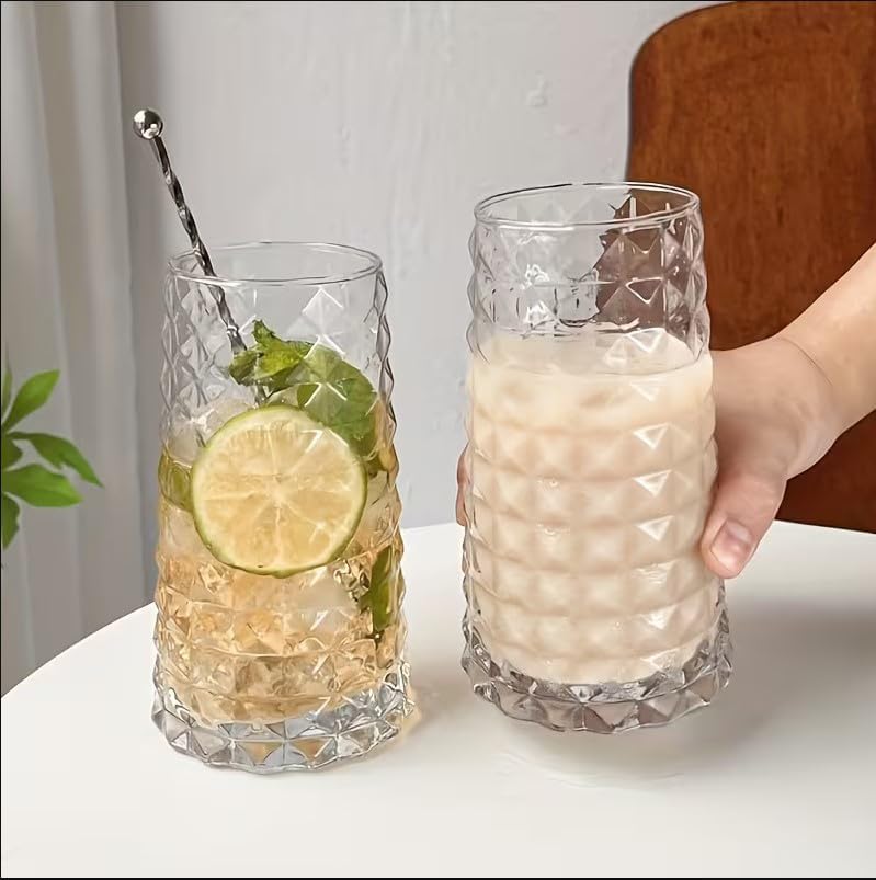 Image of Premium 450ML Water - Juice Glasses Drinking Glasses Set of 2, Highball Lead-Free Glasses, Tumblers for Water, Juice, Beer, Cocktail and Mixed Drinks (Daimond Cut Glass - A, Set of 2)