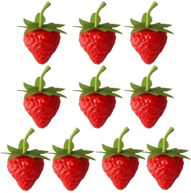 Jizlan 10 fresas artificiales de plástico rojo, simulación realista, fresas artificiales, decoración de frutas artificiales, accesorios de fotografía para decoración del hogar y la cocina