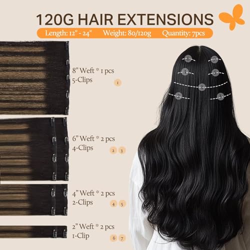 Image of DOORES Real Human Hair Extensions, Balayage Natural Black to Chestnut Brown 12 Inch 80g 7pcs, Remy Clip in Hair Extensions Straight