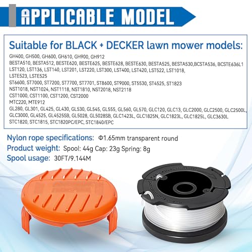 JAMSSOW 4 Bobine de Fil Convient pour Black+Decker A6481 A6485 AF-100-3ZP,Rechange Coupe Bordure pour ST5530-GB GLC3630L20-GB STC1820PC-GB BESTA530-GB BESTA525-GB(4 Bobine+1 Couvercle+1 Ressort) – vue 3
