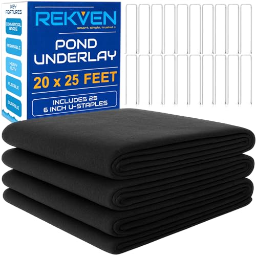 REKVEN Large Pond Liner Underlayment - 20 x 25 Feet - Non Woven Geotextile Landscaping Fabric with 25 U-Pin Garden Staples - Perfect for Fish Koi and Preformed Ponds Fountains Waterfalls by REKVEN - Used condition - US$112.85