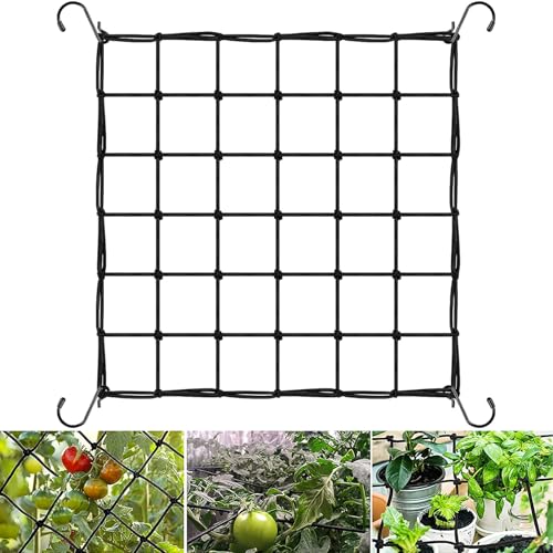 Scrog Netz,60 * 60cm Pflanzen Netz mit 4 Haken,Wachsen Zelt Netz,Ranknetz Multifunktion Pflanzennetz Elastische Ranknetz Growzelt Komplettset für Kletterpflanzen,Melonen,Gemüse,Obst und Blumen