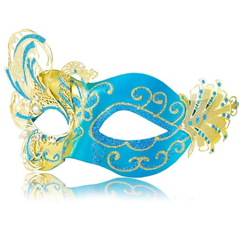 MYSEUNI 2025 Nouveau Masque de Bal Masqué Or et Bleu pour Femmes - Masque Oculaire Papillon - Masques Vénitiens en Filigrane de Paon en Métal - Parfait pour...