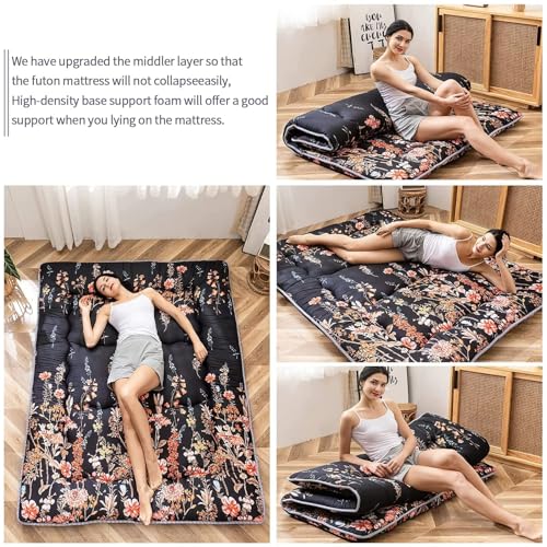 Image of MAXYOYO Black Floral Japanese Futon Floor Mattress, Mattress Topper Portable Thick Sleeping Pad Floor Mat Roll Up Camping Mattress Folding Couch Mattress Pad for Guest Room King