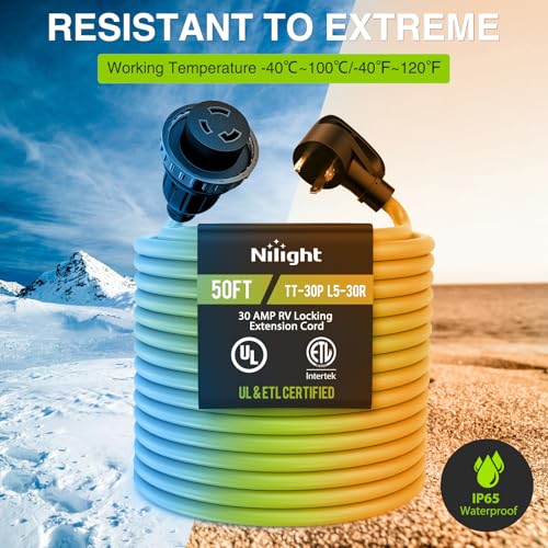 Image of Nilight 50FT 30 Amp RV Locking Extension Cord 125V Heavy Duty 10 /3 Gauge Pure Copper STW Wire UL ETL Listed 3 Prong TT-30P L5-30R Weatherproof Suit for Camper Caravan Trailer Bright Green