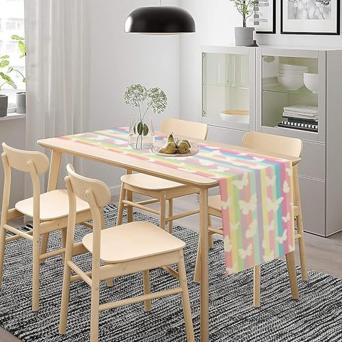 Shitingyu Rainbow Butterfly Table Runner Kids Girl Table Runner Girls Kids White Butterflies On Colorful Stripes Table Runner For Kitchen Party Holiday Dinner thumb #6