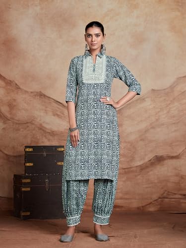 Image of EthnicJunction Women's Cotton Blend Embroidered Salwar Suit Set