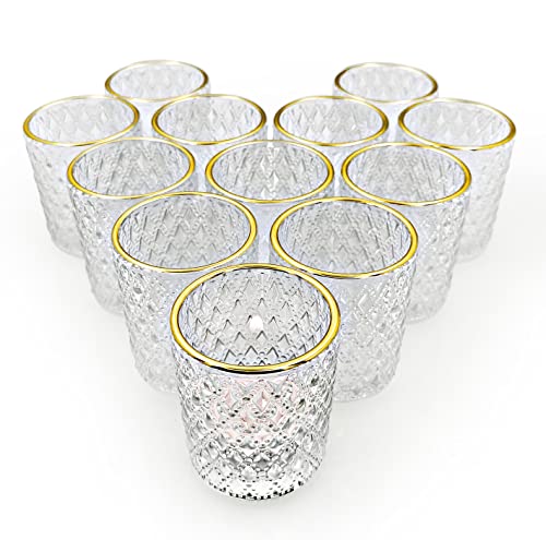 SHMILMH Clear Votive Candle Holders Glass Tealight Candle Holders Bulk with Rim for Wedding Table Centerpiece Birthday Party Thanksgiving Decor Set of 12