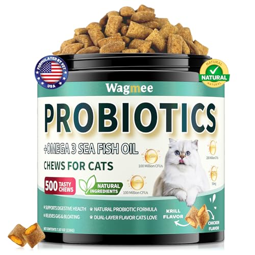 Cat Probiotics Tasty Chews –500 Chews Crunchy & Creamy Texture, Fish Oil Omega-3 Skin & Coat Health Digestive & Gut Support, Constipation Relief, Healthy Stool, Chicken Krill Flavor