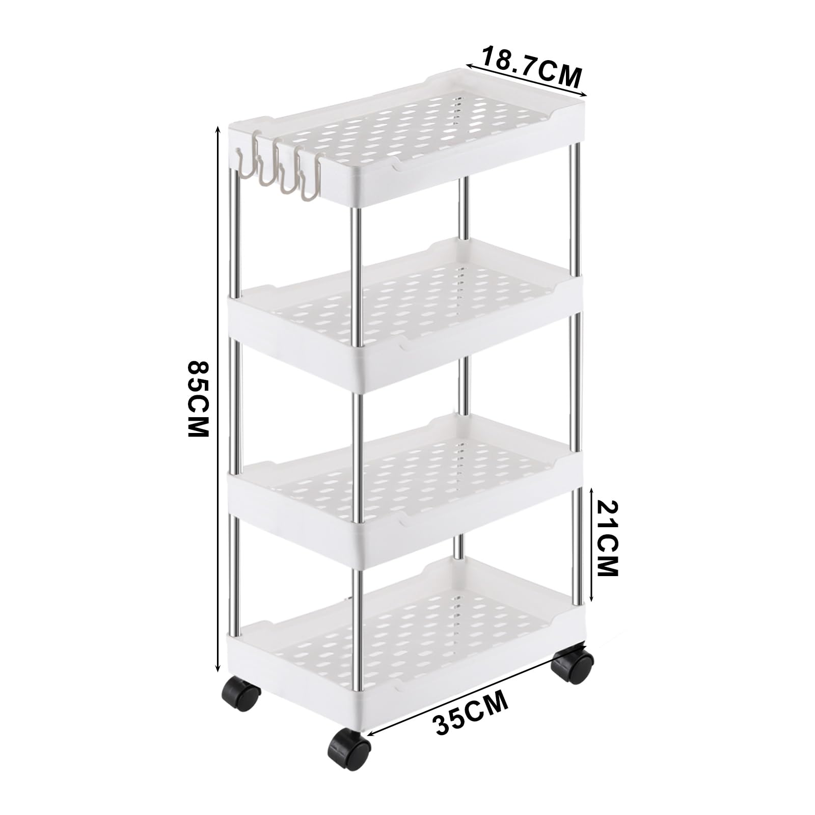 ASelected Carrello portaoggetti a 4 ripiani su ruote, carrello portaoggetti da cucina, per ufficio, soggiorno, cucina, cestino portaoggetti mobile, ripiani organizzatori, bianco
