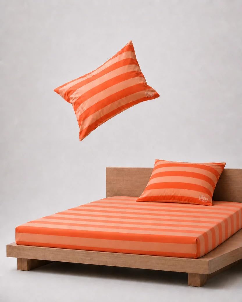 Decor Well Stripe Pure Cotton Bedsheet for Double Bed King Size with 2 Pillow Covers, 220 TC Super Soft & Breathable, Wrinkle Free | Orange| Bedsheet Set for Home/Hotels/Guest House (108x108 Inch)-image-44